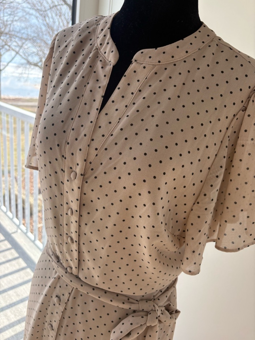 Suzy Shier Beige Polka Dot Button-Front Dress
